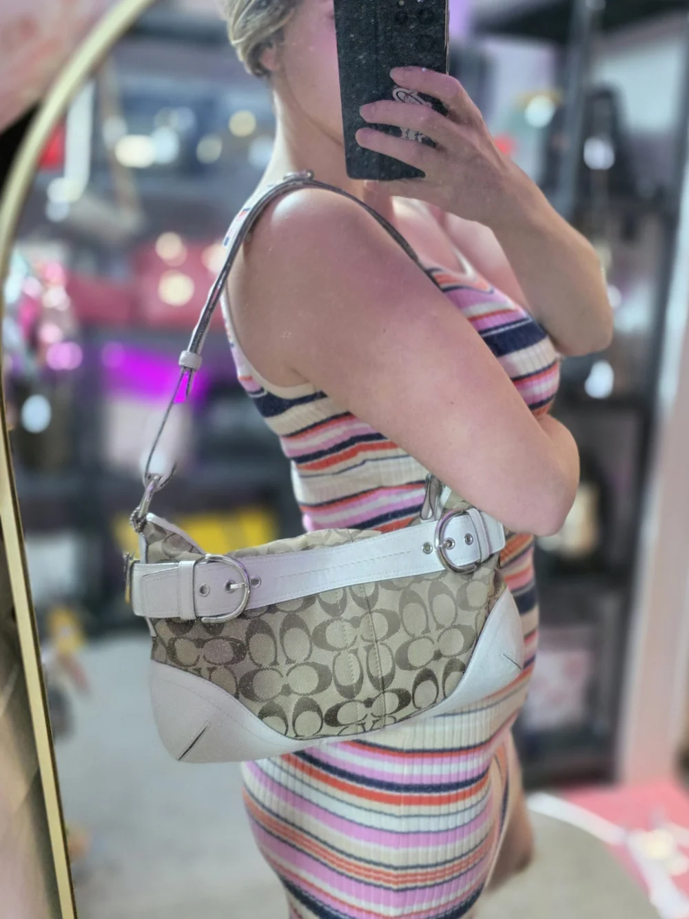 Coach Soho Signature Jacquard Hobo Shoulder Purse White Leather Trim F07077